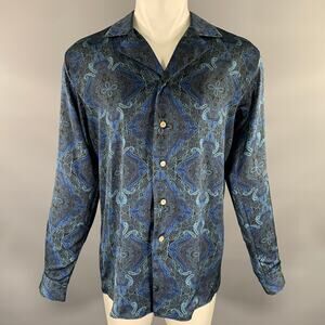 BED J.W. FORD Size M Blue Navy Paisley Polyester Camp Long Sleeve Shirt